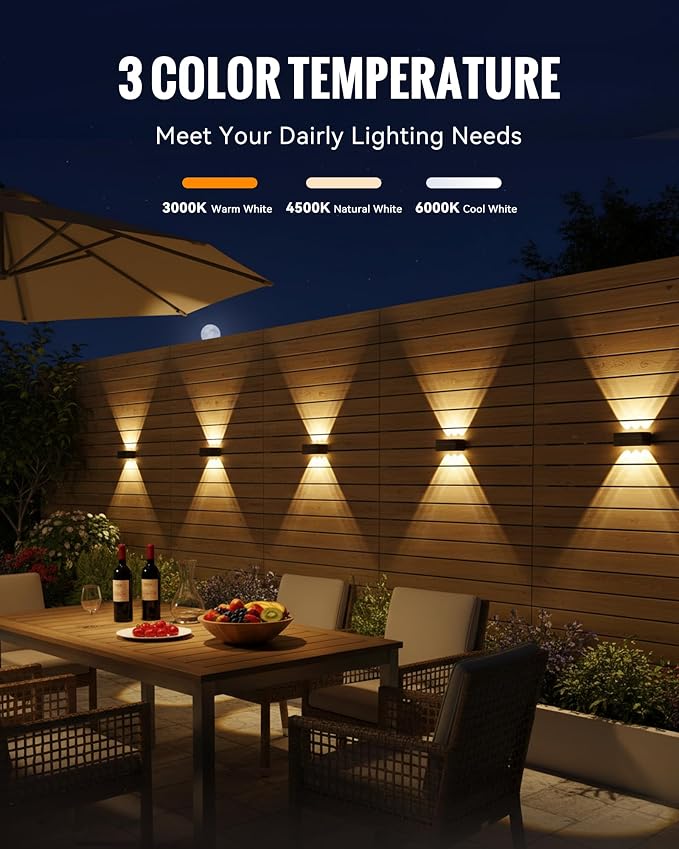 Solar Fence Lights Outdoor Waterproof 12 Pack, 3 Modes (3000K/4500K/6000K), 6 LEDs Up and Down Fence Lights Solar Powered for Outside, Deck Lighting for for Backyard/Garden/Patio/Garage Wall Decor