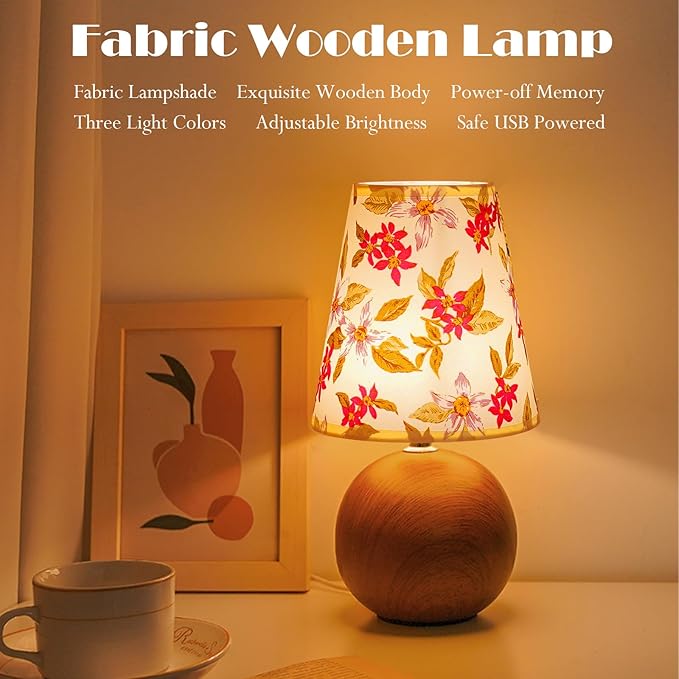 Vintage Wooden Base Fabric Table Lamp, Adjustable Light Color and Brightness with Power-Off Memory, Safe USB Powered, Retro Style LED Light for Bedroom Living Room Office (Red Flowers)
