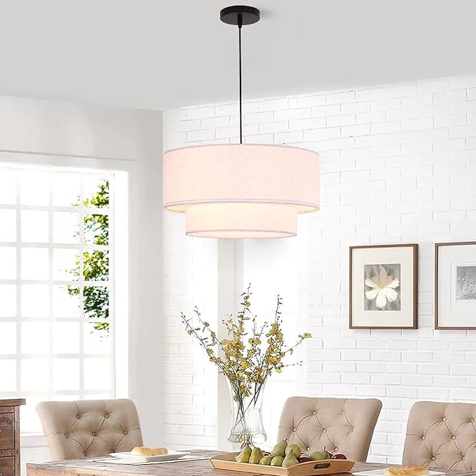 Linen Drum Pendant Light, 18” Double Drum Light Fixture with Modern Fabric Lampshade, 3-Light Linen Chandeliers for Dining Room, Bedroom