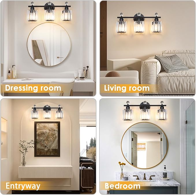 Modern 3 Light Crystal Vanity Light,Black Vertical Bathroom Light Fixture Over Mirror for Dressing Table Sink,Crystal Bathroom Light Fixtures,Compatible with Dimmable Bulbs (Bulbs Not Include)