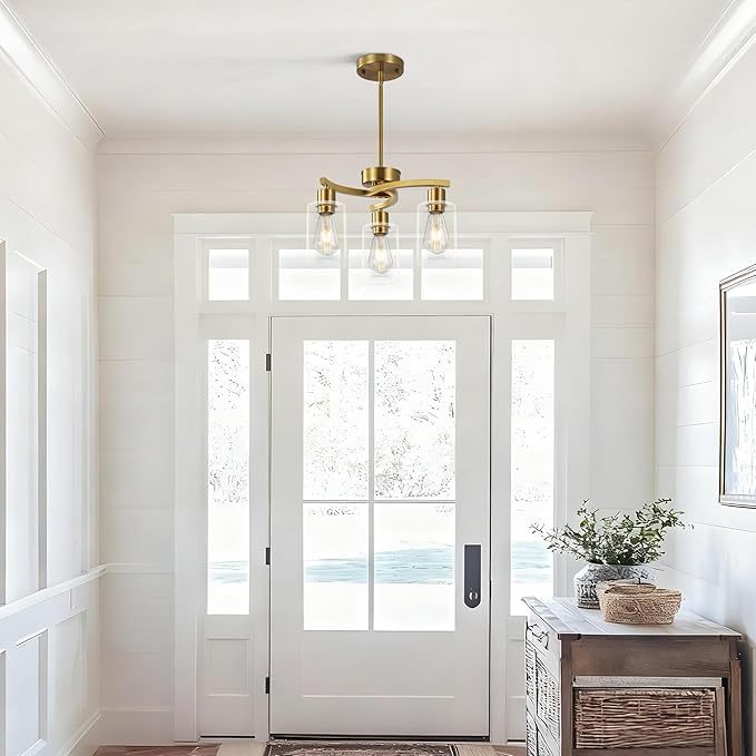 3 Light Brushed Gold Chandelier for Dining Room, Modern Kitchen Island Light Fixtures Over Table, Metal Hanging Pendant Lighting with Clear Glass Shade, Farmhouse Industrial Gold Finish
