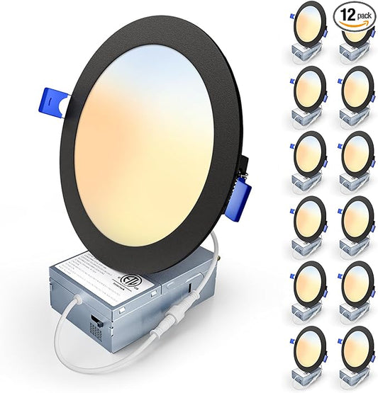 12 Pack 6 Inch 5CCT LED Recessed Light, Silm Canless Recessed Lighting, Dimmable, Damp Rated, 2700K-5000K, Wafer Ceiling Downlight with Junction Box, 1200LM, 12W 120V, Black, ETL&FCC