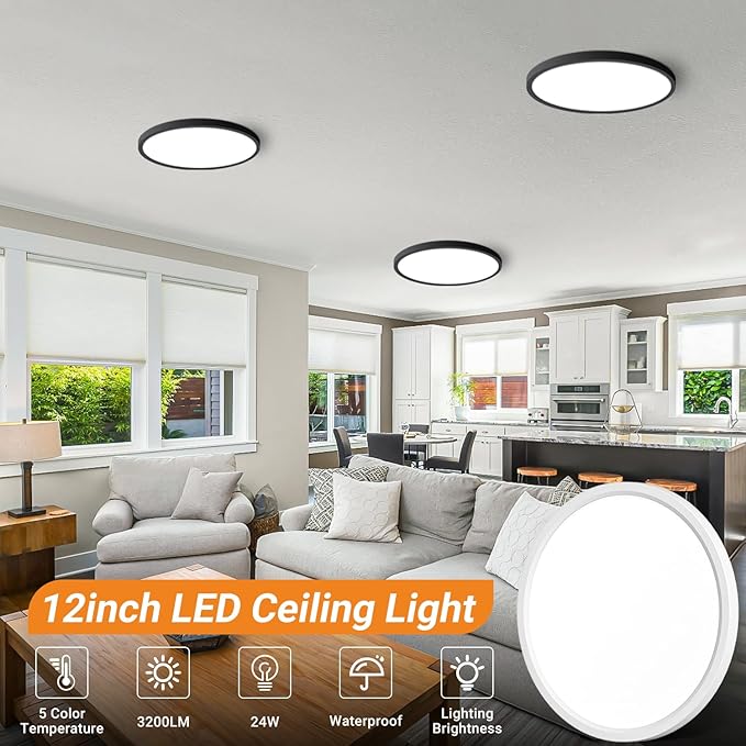 slochi 1Pack LED Flush Mount Ceiling Light Fixture, 12 Inch 24W, 3200LM, Super Slim 0.7 Inch, 3000K-6500K Adjustable Low Profile LED Ceiling Lights for Bedroom, Kitchen, Hallway(Black)