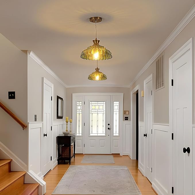 Green Glass Pendant Lights, 11.8" Vintage Lighting Glass Light Fixtures Brushed Gold Modern Hanging Ceiling for Kitchen Island Dining Room Restaurant Foyer Entryway