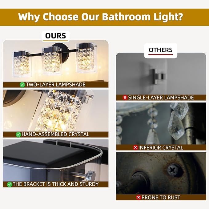 Modern Crystal Vanity Lights, 3-Light Black Bathroom Light Fixtures with Clear Shades, Bathroom Lighting Fixtures Over Mirror Wall Light for Hallway, Decoration,Bedroom（Exclude Bulb）