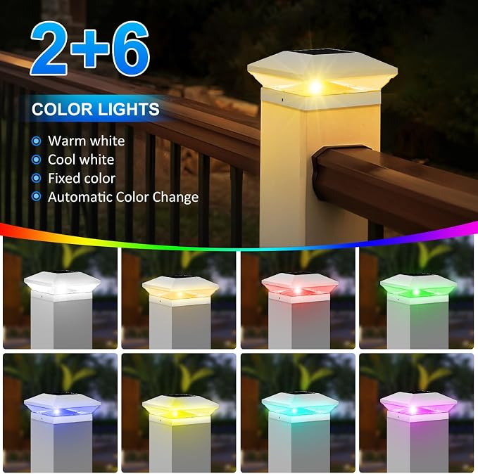 T-SUN Solar Post Cap Lights with Auto-Change Colors- for Wooden (4x4/6x6) & Vinyl (4x4/5x5) Posts | Weatherproof Outdoor Solar Fence Post Lights for Deck, Porch, Garden & Stairs(6-Pack,RGB)