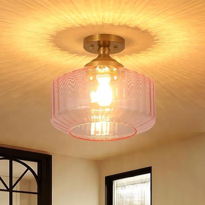 11.8in Semi Flush Mount Ceiling Light Fixture, Vintage Striated Glass Kitchen Lighting Fixtures Ceiling Mount for Entryway Hallway Bedroom Dining Room Bathroom Foyer Laundry (Pink)