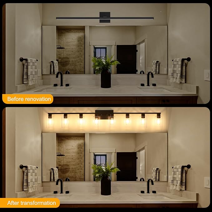 8-Light Black Vanity Light Fixtures,50" Bathroom Light Fixtures Clear Glass ShadeRust and Moisture Resistant Easy to Install Vanity Lights for Luxury Bathroom Light Over Mirror