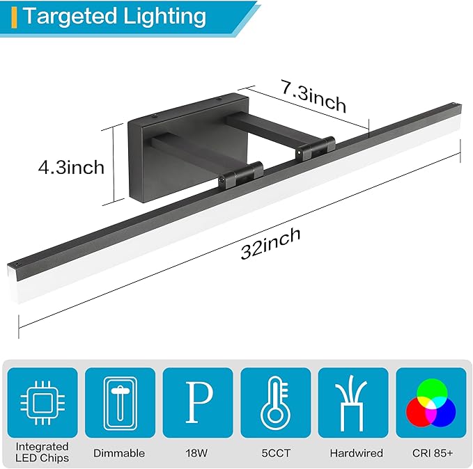 SOLFART Black Vanity Light Modern 31.5 inch Dimmable LED Light for Bathroom Lighting Fixtures Aluminum 5500K