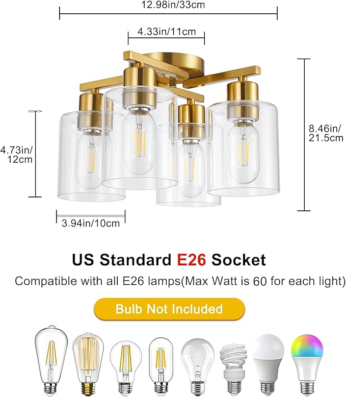 4 Light Semi Flush Mount Ceiling Light Brushed Gold Kitchen Lighting Fixtures Ceiling Brass Hallway Cieling Lights Fixture with Clear Glass Shade for Bedroom Dining Room