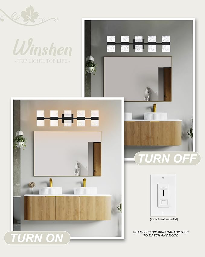 Black LED 3000K Bathroom Light Fixture, Modern 5-Lights Vanity Lighting with Smoke Acrylic Shades, Wall Lamp Over Mirror for Kitchen Bedroom Dress Table (Integrated Led Chips Included)