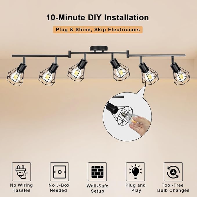 HiBay Plug in Track Lighting, 6-Light Rotatable Ceiling Light Fixture Black, Industrial Plug-in Track Lights with 16.4Ft Power Cord and in-Line On/Off Rocker Switch for Kitchen Living Room Office