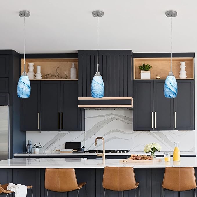 Viinew Mini Glass Pendant Light 1-Pack with Handblown Blue Marble Art Oval Glass Lamp Ceiling Hanging Light 4.72" Small Chandelier for Dining Room Kitchen Foyer Hallway