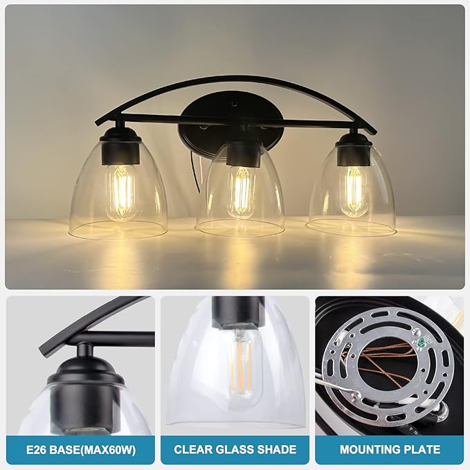 Lightdot Vanity Lights, 3 Light Bathroom Light Fixtures, Modern Vanity Light with Clear Glass Shade for Bathroom, White Bathroom Wall Lamp for Mirror Bedroom Living Room Kitchen Hallway Cabinet Porch