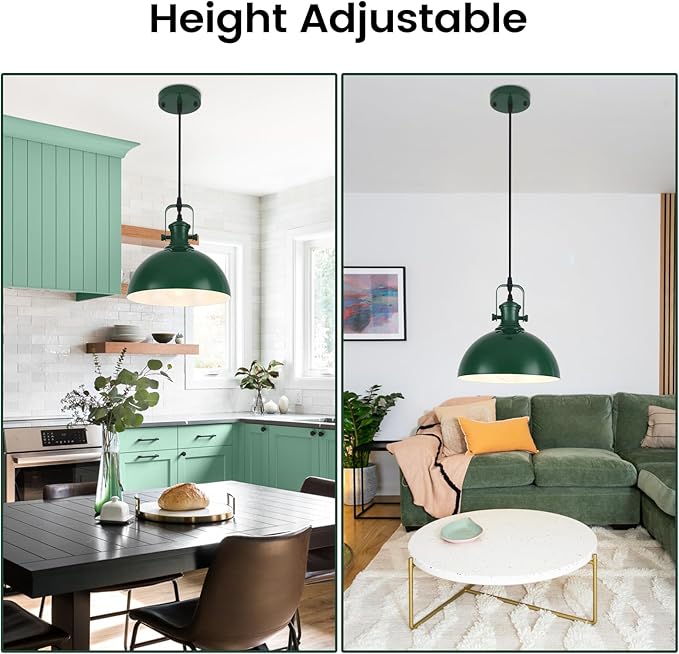 Green Farmhouse Pendant Light, 9.8 inches Industrial Pendant Light, Modern Pendant Lights for Kitchen Island Bedroom Living Room, 2 Pack