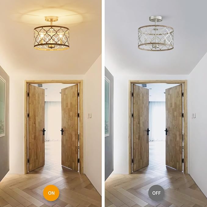WUZUPS Chandelier 3-Light Vintage Farmhouse Semi-Flush Mount Ceiling Light Lighting Fixture for Foyer Bedroom Hallway Storage Room Kitchen Bathroom, H 9.8" x W 12.4", E12 Base, Nickel & Wood Imitaion