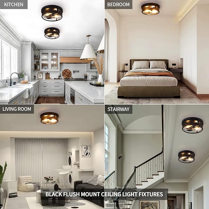 Farmhouse Flush Mount Ceiling Light Black Ceiling Light Fixtures 2 Pack Industrial Flush Mount Ceiling Light for Hallway, Kitchen, Foyer, Bedroom Living Room Laundry