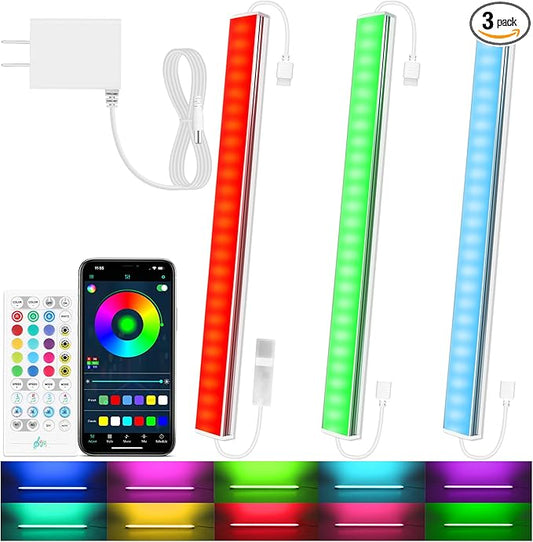 Benreom 3 Pcs RGB Under Cabinet Lights Kit, Smart App and Remote Control Under Cabinet Lighting, Dimmable Under Counter Lights for Kitchen, Plug in LED Lights Bar for Cabinet, Counter, Workbench, Desk
