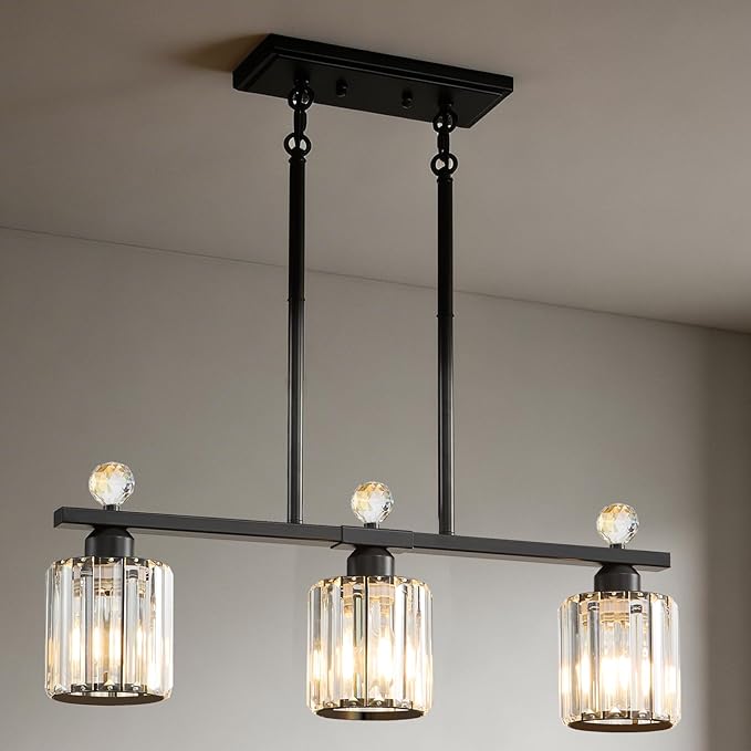 Modern Dining Room Light Fixture Over Table, Crystal Pendant Lights Kitchen Island, Chandeliers for Dining Room Kitchen Light Fixtures (E26) 3-Light Black