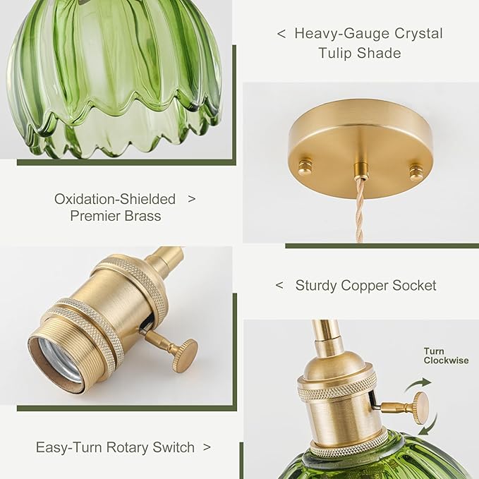 Mini Pendant Lights Kitchen Island 2 Pack, Small Adjustable Pendant Light Fixture with Green Tulip Glass Lampshade, Vintage Gold Pendant Lighting, Pendant Light for Bedroom Dining Room Hallway