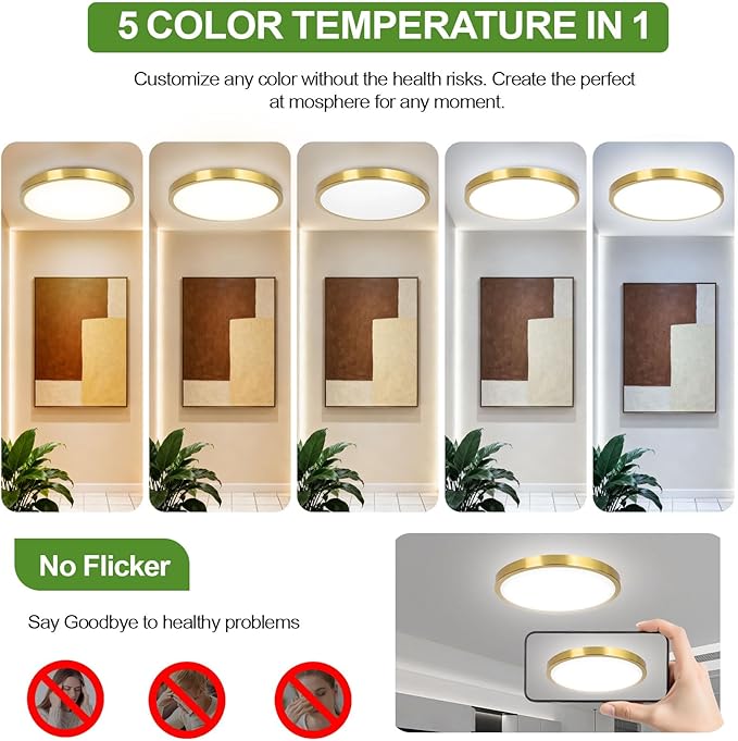 13 Inch Flush Mount Light Fixtures, 2-Pack 36W 3600lm Gold LED Ceiling Lights with 2700K-6500K 5 Color Temperatures, Modern Round LED Lights for Kitchen Bedroom Bathroom Living Room Closet