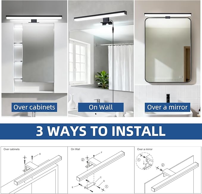15.4" Plug in Bathroom Light Fixtures Matte Black Vanity Lights,7W LED Picture Light 3 Installation Methods 6700K White-Light Vanity Light Bar Wall Sconce for Bedroom/Living Room/Kitchen