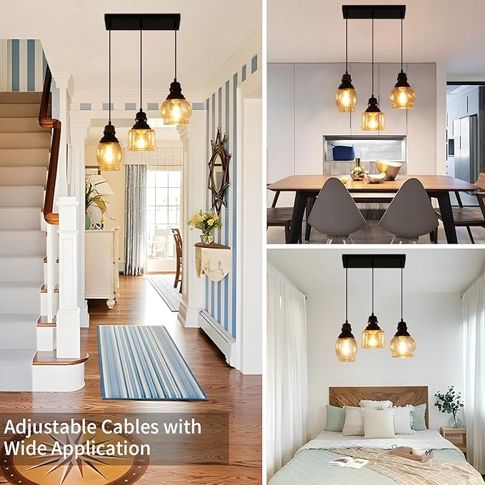 WILON Industrial Pendant Lighting, Pendant Lights for Kitchen Island 3 Light Glass Pendant Light Fixture with Seeded Glass Shade, Adjustable Cord Farmhouse Ceiling Light Black finish Linear Chandelier