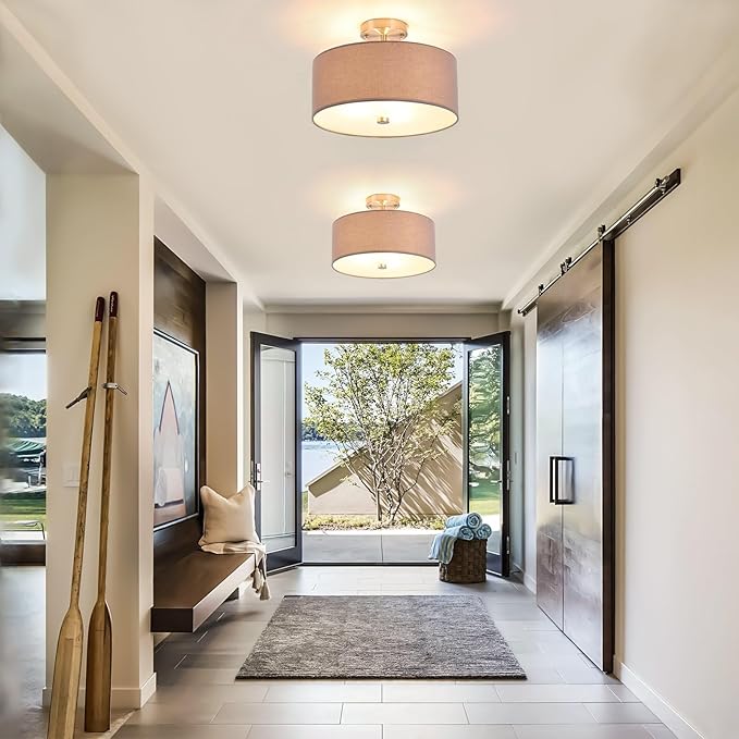 14 inch Semi Flush Mount Ceiling Light: 3-Light Modern Brushed Nickel Light Fixtures Ceiling Mount Lamp, Drum Gray Linen Shade & Glass Diffuser Perfect for Entryway Kitchen(Bulb Exclude)