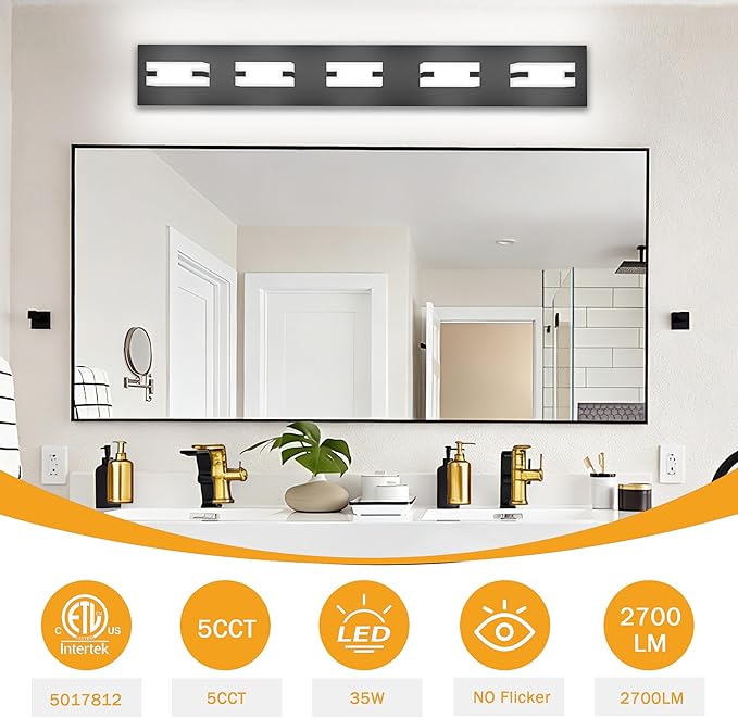 LED Bathroom Light Fixtures, 5-Light Modern Vanity Lights with Milky White Frosted Acrylic Shades, Matte Black Bathroom Lighting Fixtures Over Mirror, ETL Listed, 35W 5CCT Adjustable