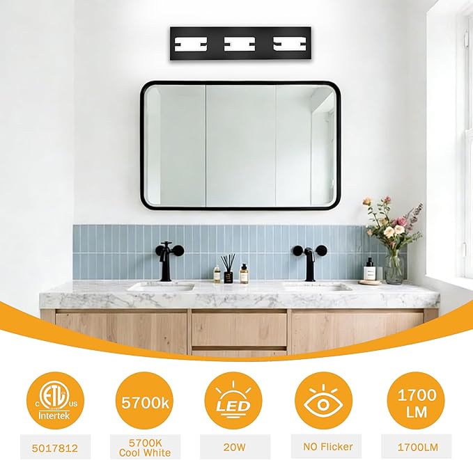 LED Bathroom Light Fixtures, 3-Light Modern Vanity Lights with Milky White Frosted Acrylic Shades, Matte Black Bathroom Lighting fixtures Over Mirror, ETL Listed, 20W (Cool White 5700K)