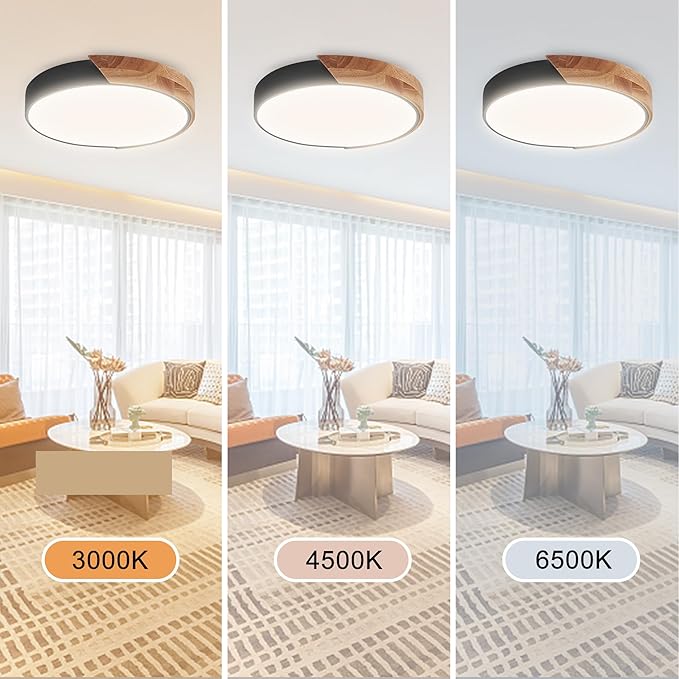 Wood LED Flush Mount Ceiling Light, 3CCT 3000K-6500K Modern Black Close to Ceiling Lighting Fixtures, Minimalist Round Ceiling Light for Bedroom, Kitchen, Hallway, Laundry Room, Not Dimmable