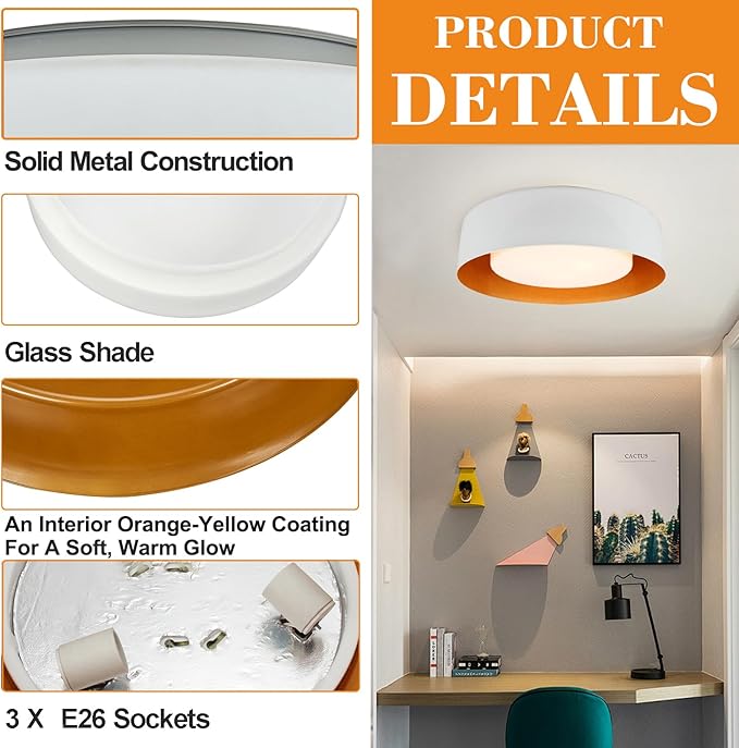 16in Ceiling Light, 3-Light E26 Bulb Type,Frosted Glass Lampshape, Large Modern Flush Mount Lamp Fixture for Living Room Bedroom Kitchen Hallway Foyer, Milk White