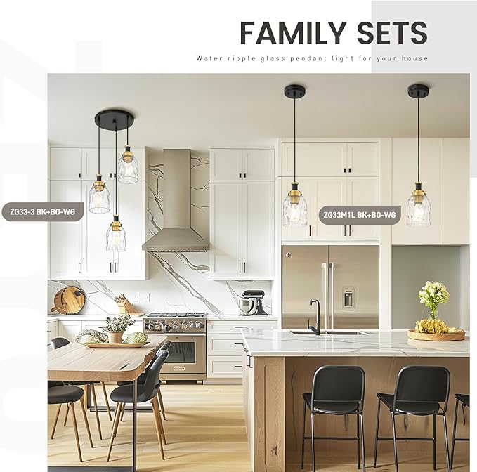 zeyu Glass Pendant Lights Kitchen Island, Kitchen Pendant Lighting Over Island with Water Ripple Glass, Modern Mini Hanging Light, Black and Gold Finish, ZG33M1L BK+BG-WG
