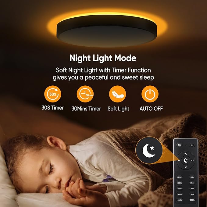 Lightania 18 Inch Flush Mount Ceiling Light with Remote Control & Night Light, 5CCT Dimmable Ceiling Light Fixture, 43W 4300LM 2700K-6500K Adjustable LED Ceiling Lights for Bedroom Kitchen, Black