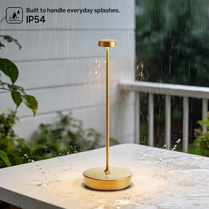 Cordless LED Table Lamp，Rechargeable Battery Desk Lamps, 3 Color Stepless Dimmable Metal Battery Table Lamps, Portable Waterproof Table Light for Indoor/Outdoor/Restaurant (2Pack Brass)