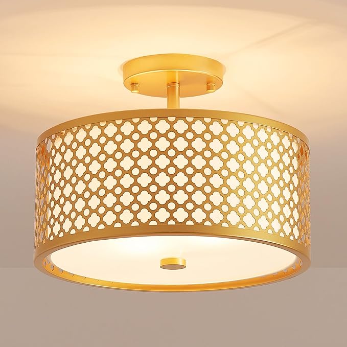 Farmhouse Drum Ceiling Light, 2-Light Mid-Century Modern Semi-Flushmount Light Fixture for Bedroom, Entryway, Kitchen, D13xH9inch, Gold Finish Patterned Lampshade & White Fabric Inner Shade