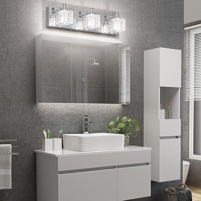 Ralbay 3 Lights Crystal Bathroom Vanity Light Modern LED Chrome Vanity Light Fixtures for Bathroom Over Mirror