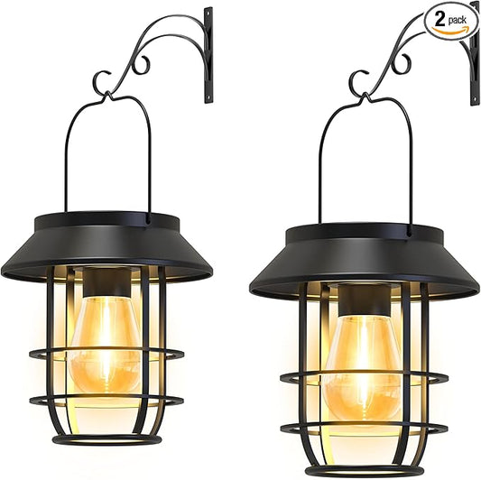 Solar Lanterns Outdoor Waterproof, High Brightness Hanging Solar Lights for Outside with Wall Hooks, Christmas Decor Retro Metal Outdoor Lanterns Auto On/Off for Patio, Yard Decor, Black, 2Pack