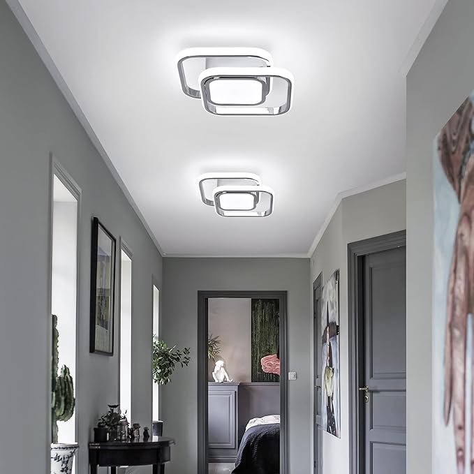 2 Packs Modern Led Ceiling Light Acrylic Square Small Ceiling Lamp Cool White 6000K Hallway Lighting Fixtures for Bedroom Kitchen Living Room Study Hallway Small Asile Lamp Corridor Lights (Chrome)