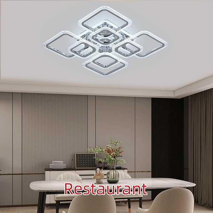 Modern Bedroom & Kitchen Ceiling Light, 80W Dimmable LED, 8 Squares, 3000-6000K, Chrome