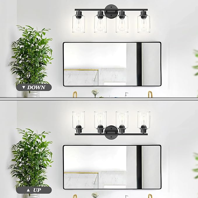 4-Light Black Bathroom Light Fixtures, E26 Modern Vanity Lights for Bathroom with Clear Glass Shade, Wall Lamps for Mirror Hallway Kitchen Cabinet Living Room Sconces Lights