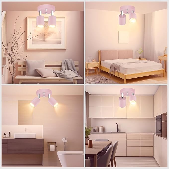 2 Light Track Lighting Fixtures Ceiling, Pink Round Directional Spotlight Fixtures, GU10 Flush Mount Ceiling Fixture, Adjustable Modern LED Track Light for Girl's Room, Bulb Not Included