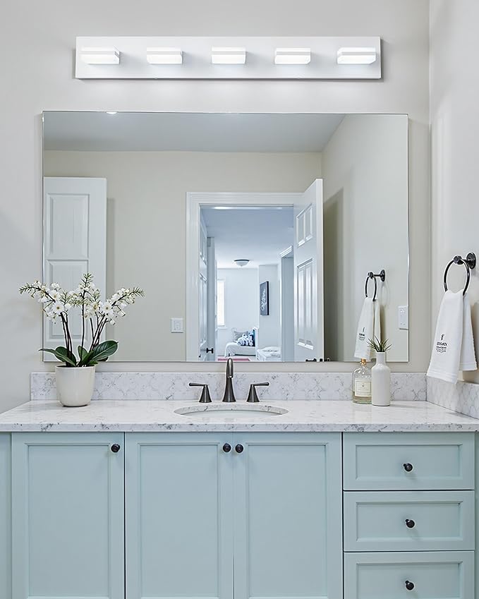 VONLUCE Bathroom Vanity Light Fixture, 5-Light Modern LED Vanity Light, 3CCT Adjustable Bathroom Lights with Memory Function Rotatable Shades, 34" Wall Lighting Fixture Over Mirror, Matte White