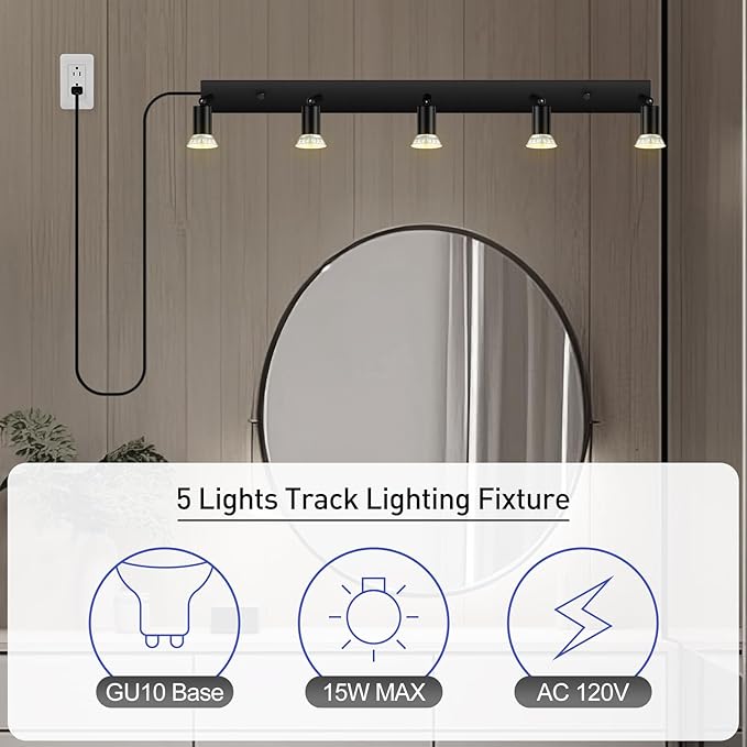 Plug-in Track Lighting, LED Track Lighting Fixtures Ceiling Kit, 30" Black Plug in Wall Light with 14.8ft Cord, 5-Light Ceiling Spotlight,Rotatable Kitchen Light Head for Bedroom Hallway(GU10,NO Bulb)