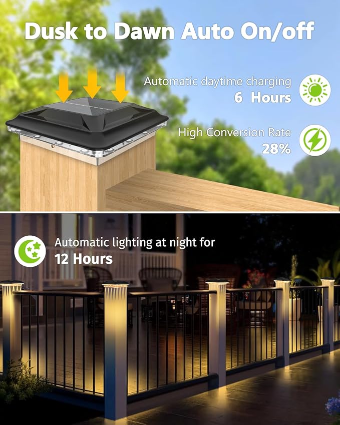 Solar Post Cap Lights Outdoor 6 Pack Upgraded 16LED Spot Lens Waterproof Post Light 3-Color Modes Warm & Cool & Neutral White Solar Light Fit for 4x4 3.5x3.5 Vinyl and Wooden Dock Fence Deck Posts