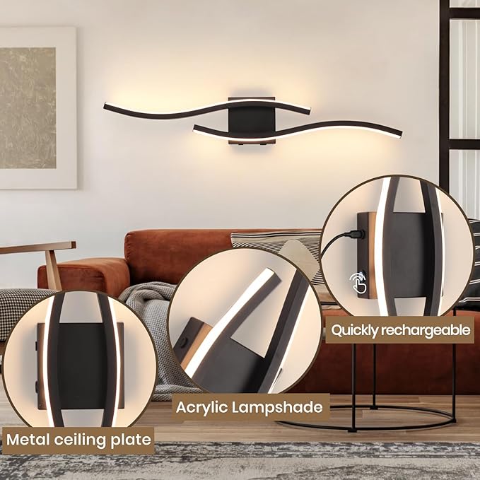 Modern LED Wall Sconce set of Two, Battery Powered Wall Sconces set of 2 with Timer, Black Wall Light with Remote, LED Wall Lamp indoor not hardwired for Bathroom Living Room Bedroom Corridor