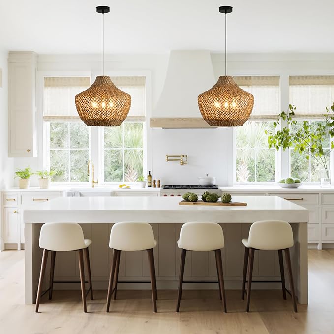 18.9" Rattan Pendant Light Fixtures,Boho Rattan Pendant Light 3-Light Hand Woven Seagrass Chandelier for Workplace Occasions Restaurants Dining Living Bedroom Kitchen Farmhouse