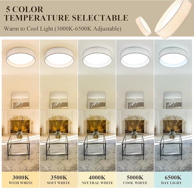 Modern Linen LED 13 Inch Ceiling Light Fixture with 24W 5CCT, Flush Mount Low Profile Room Lamp, Dimmable Minimalist Lighting for Bedroom, Kitchen, Hallway, Closet, Entryway