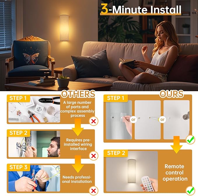 Shenmoyl Adhesive Battery Operated Wall Sconce Set of 2, 5000 mAh Battery Rechargeable Bulb with 12 RGB Colors, Stick on Wall Sconce No Drill Wall Lights, Linen