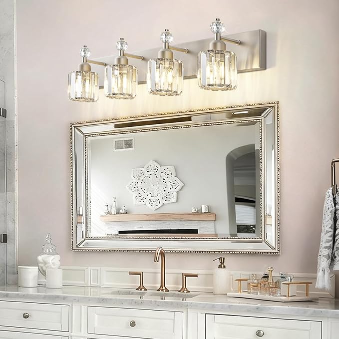 PRESDE 4-Light Brushed Nickel Vanity Light,Crystal Modern Bathroom Light Over Mirror,Wall Lighting Over Mirror Fixture